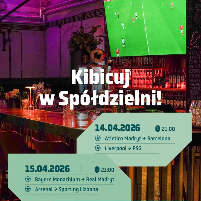 Zabierz ekipę i wpadaj kibicować do @spoldzielnia.koneser.sportsbar! 🔥  Wejdź w klimat kibicowania i przeżyj każdy mecz tak, jak trzeba - wspólnie, głośno i na dużym ekranie. 👀  Transmisje meczów ćwierćfinałowych:
📅 14.04
Atletico Madryt - Barcelona
Liverpool - PSG  📅 15.04
Bayern Monachium - Real Madryt
Arsenal - Sporting Lizbona  📍 @spoldzielnia.koneser.sportsbar, Centrum Praskie Koneser  #koneser #spółdzielnia #sportsbar #mecz #warszawa