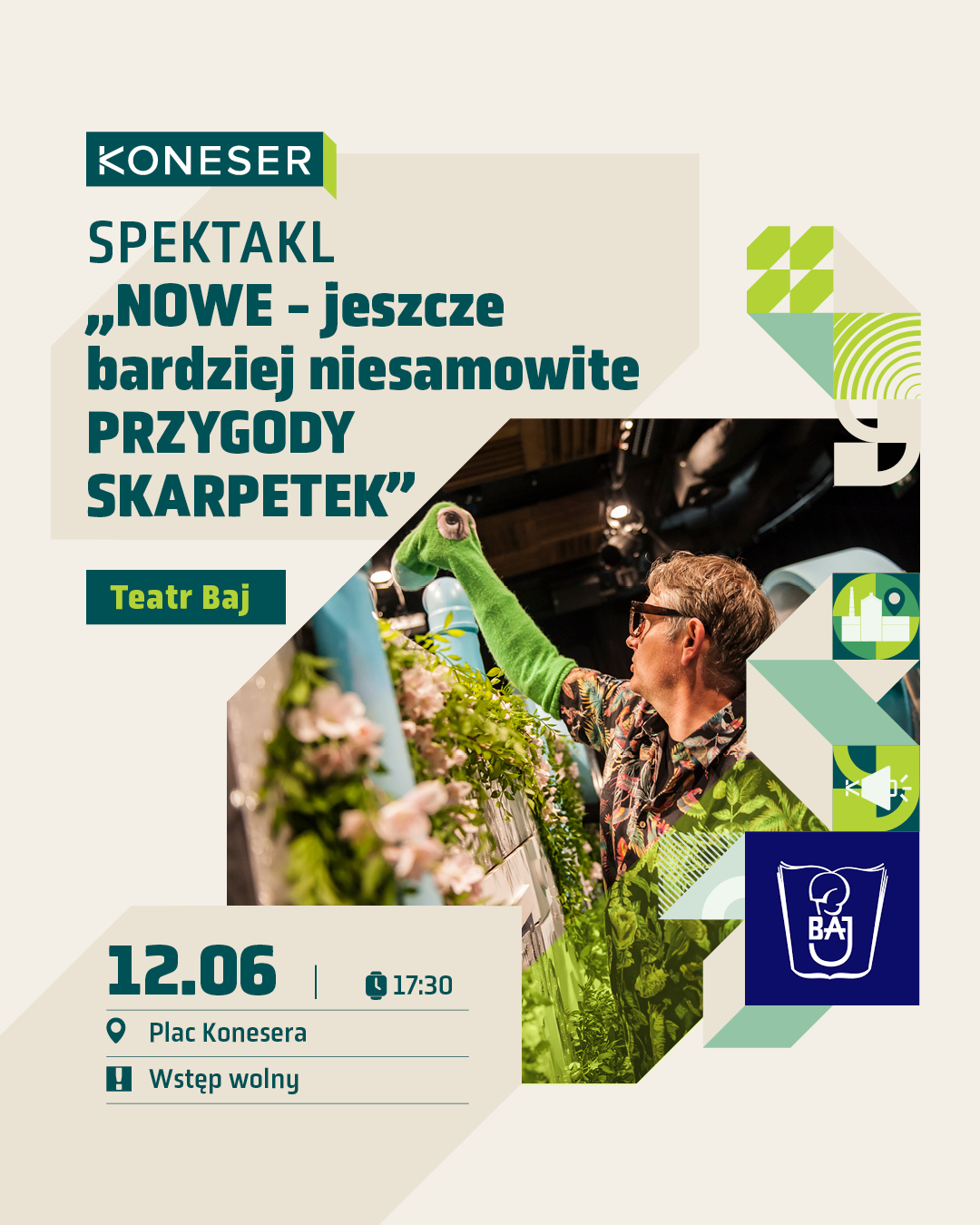 Co dzieje się ze skarpetkami, które znikają bez śladu? Czas odkryć kolejną tajemnicę! 🔍  „NOWE - jeszcze bardziej niesamowite PRZYGODY SKARPETEK” to pełna humoru i wzruszeń wyprawa do świata, który kryje się tuż pod naszą pralką. 🧦  Spektakl grany w ramach projektu @teatrbaj „Praska Dorożka Teatralna”. Zadanie jest współfinansowane przez m.st. Warszawę w ramach realizacji Gminnego Programu Rewitalizacji m.st. Warszawy do 2030 roku.  📅 12.06 | 17:30
📍 Plac Konesera
🎟️ Wstęp wolny  #koneser #wydarzenia #warszawa #teatr #teatrbaj
