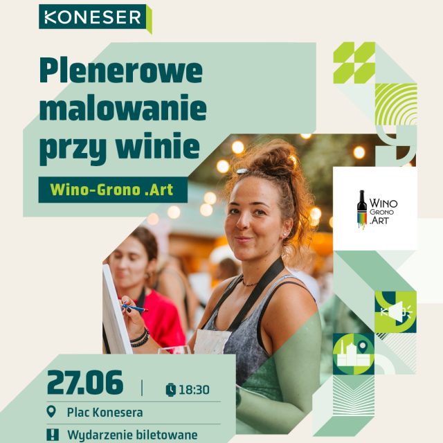 Letni wieczór pełen kolorów i kreatywności! 🎨  Zapraszamy na plenerowe malowanie przy winie na Placu Konesera z @wino.grono.art. ✨  Stwórz własny obraz pod okiem artystów, spróbuj swoich sił przy sztaludze i spędź wyjątkowy czas - niezależnie od tego, czy będzie to Twój pierwszy obraz, czy kolejny z wielu.  📅 27.06 | 18:30-20:30
📍 Plac Konesera  🎟️ Link do biletów w naszym Bio.  *W przypadku niepogody organizator zastrzega możliwość zmiany lokalizacji wydarzenia.  #koneser #winogronoart #winomalowanie #warszawa #plenerowewydarzenia