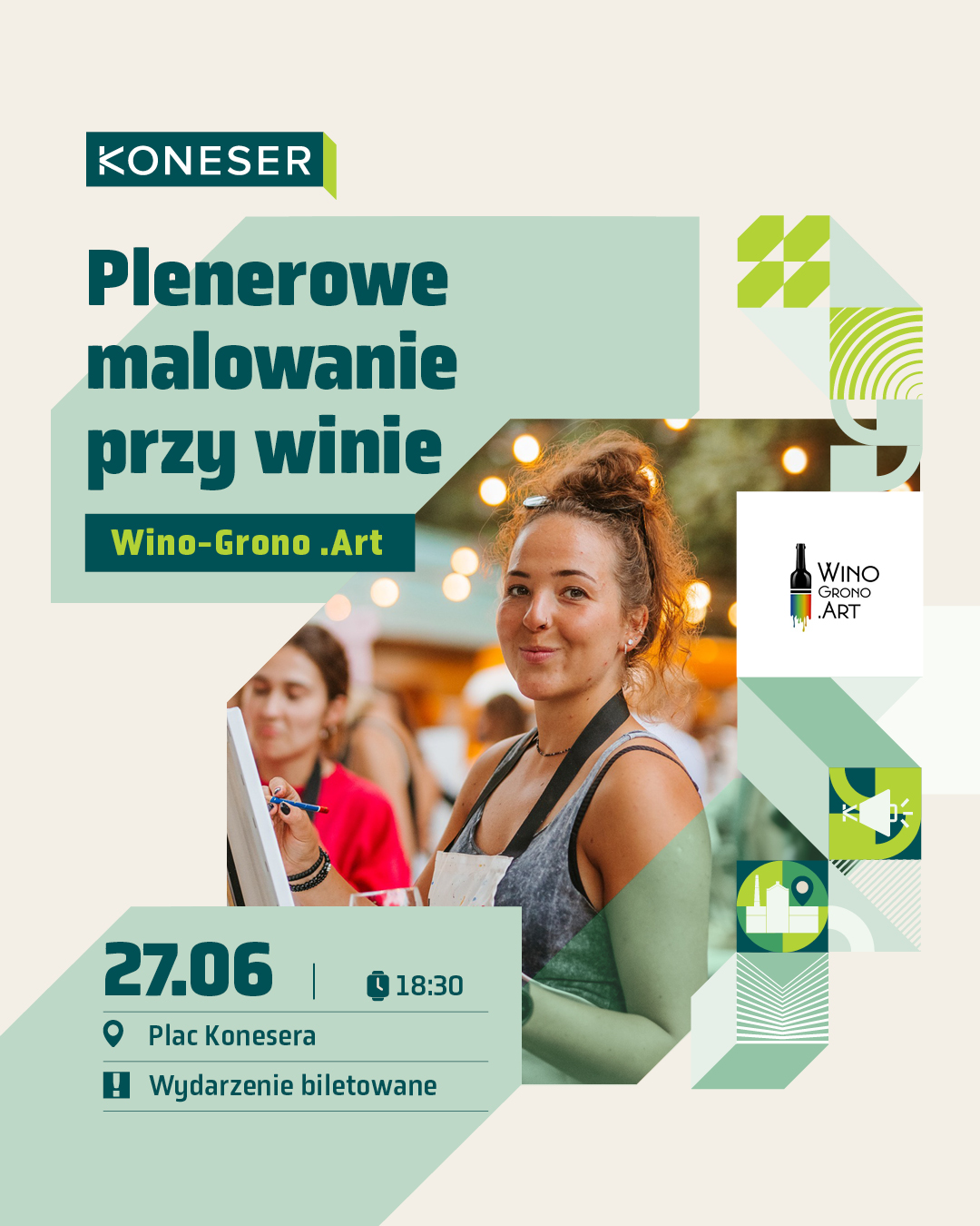 Letni wieczór pełen kolorów i kreatywności! 🎨  Zapraszamy na plenerowe malowanie przy winie na Placu Konesera z @wino.grono.art. ✨  Stwórz własny obraz pod okiem artystów, spróbuj swoich sił przy sztaludze i spędź wyjątkowy czas - niezależnie od tego, czy będzie to Twój pierwszy obraz, czy kolejny z wielu.  📅 27.06 | 18:30-20:30
📍 Plac Konesera  🎟️ Link do biletów w naszym Bio.  *W przypadku niepogody organizator zastrzega możliwość zmiany lokalizacji wydarzenia.  #koneser #winogronoart #winomalowanie #warszawa #plenerowewydarzenia