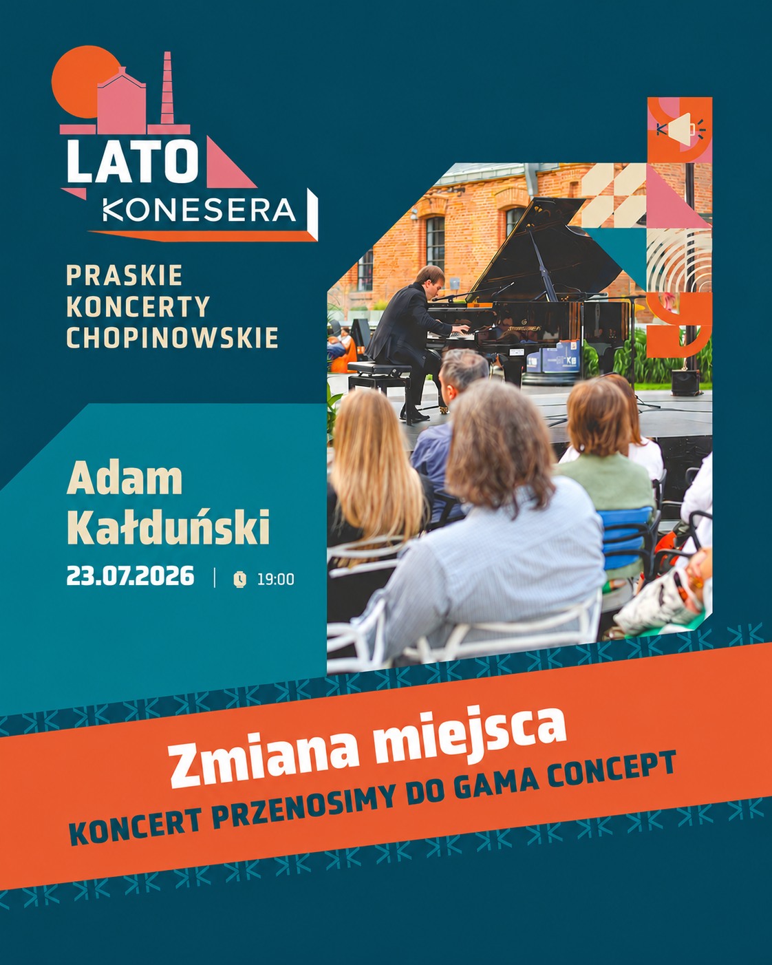 WAŻNE! Jutrzejszy (23.07) Koncert Chopinowski odbędzie się w @gamaconceptwarsaw  na Placu Konesera.  *Wejście do Gamy jest z Placu Konesera (plac z tulipanami).