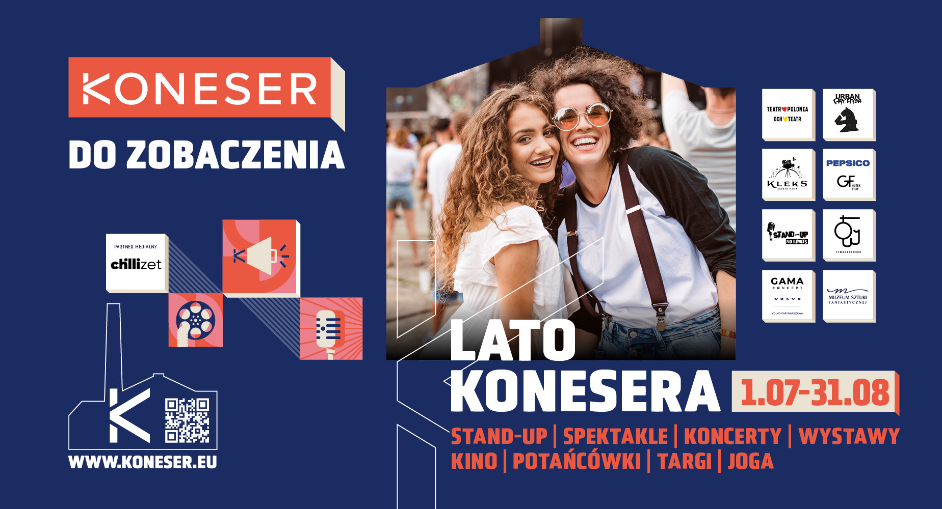 Grafika promująca Lato Konesera 2024. Dwie uśmiechnięte dziewczyny patrzące w obiektyw.